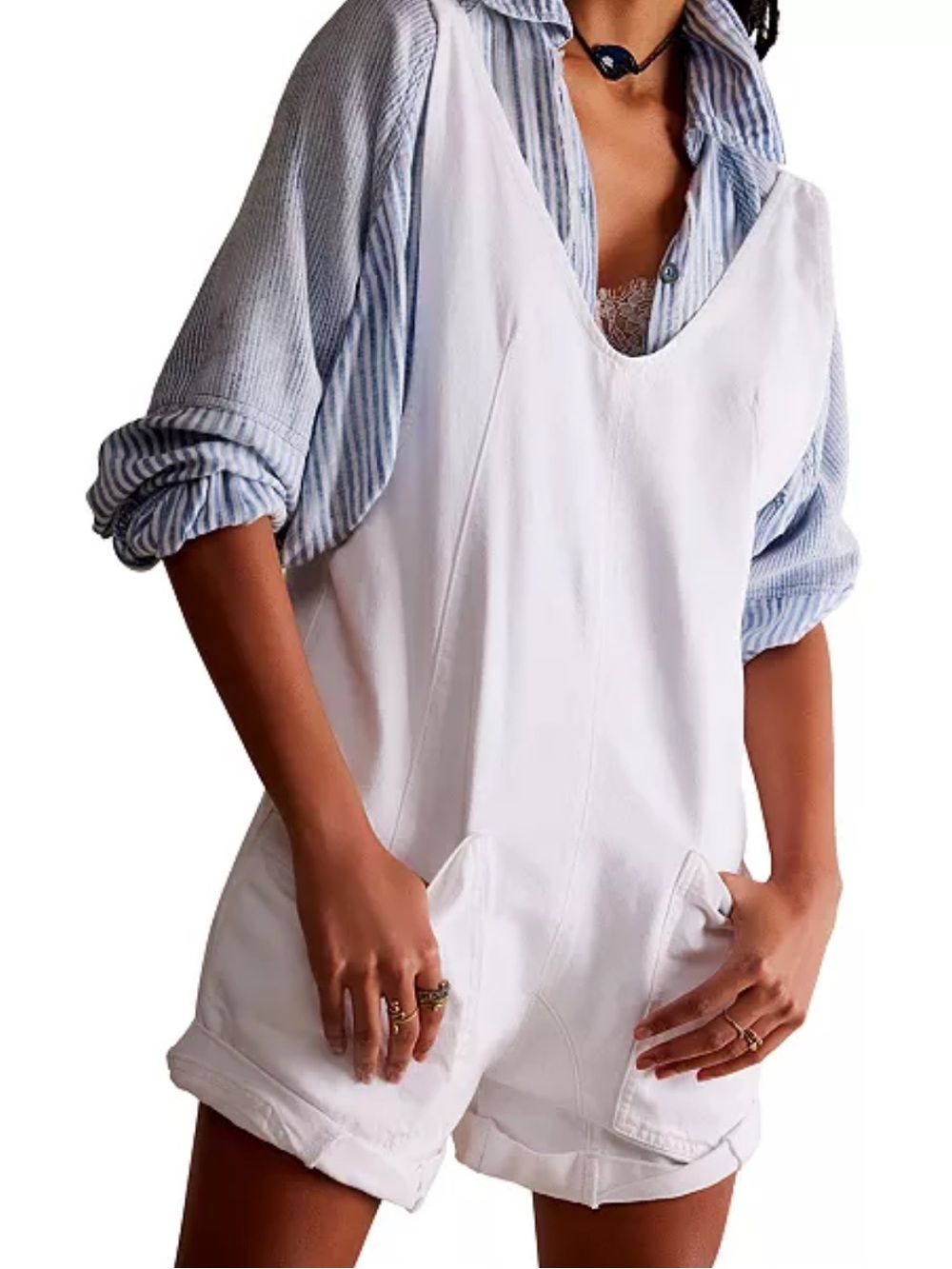 Free People High Roller Women's Cotton Denim Shortalls White M